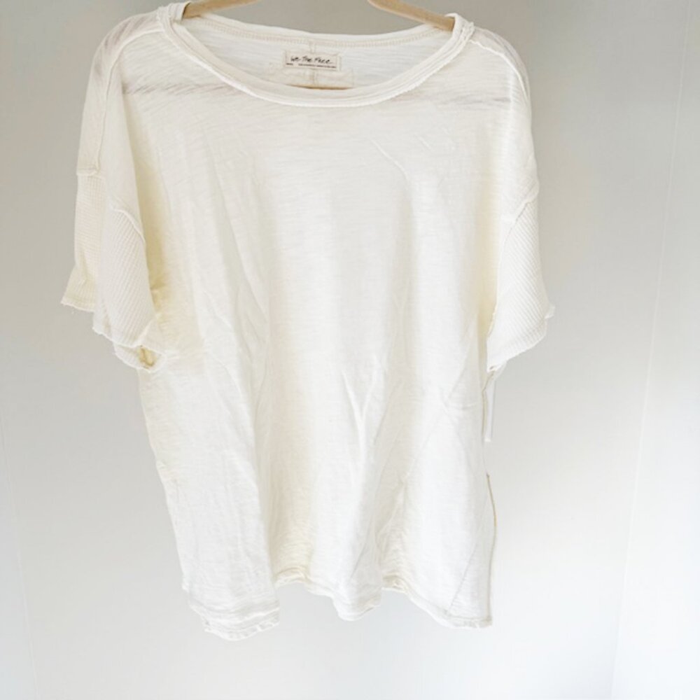 We The Free oversized slub cotton T-shirt with waffle weave sleeve, Cream, Small